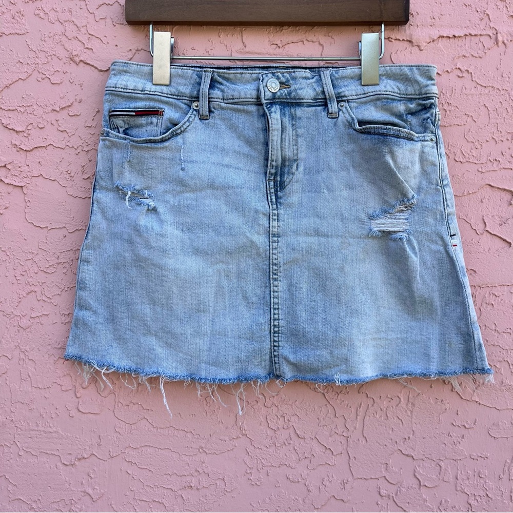 Vintage Tommy Jeans Distressed Mini Denim Skirt Y2K Size 6
